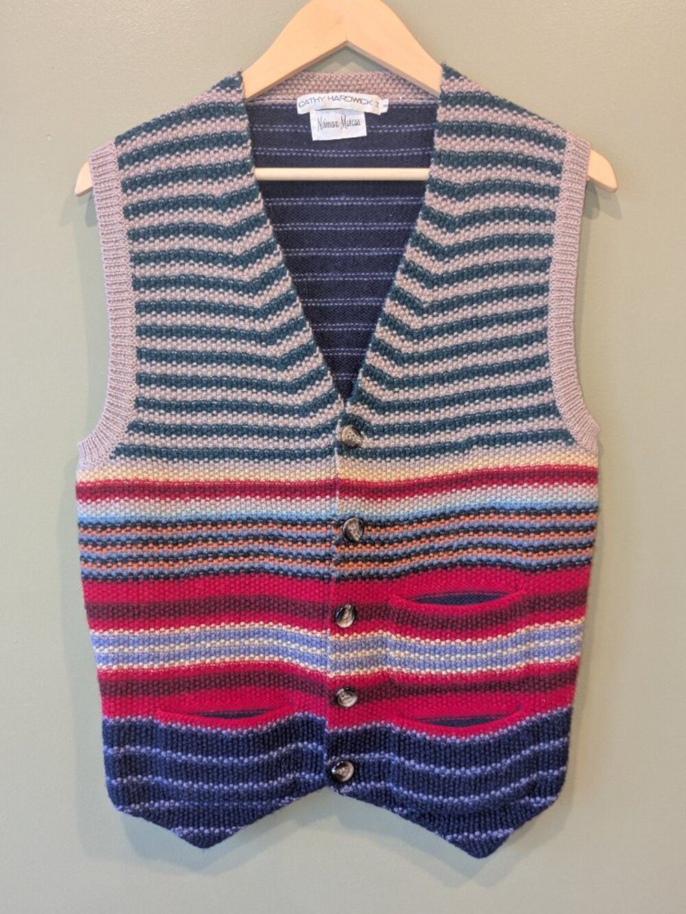 VTG Cathy Hardwick Wool Knit Vest Small Button Stripe Corporate Academia Preppy